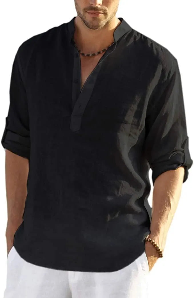 🔥Men's cotton and linen Henley Shirt Long Sleeve Hippie Casual Beach T Shirts