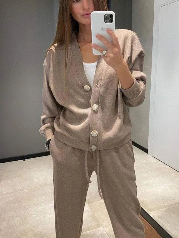 Women's Knitted Buttoned Jacket and Pants Two-piece Set (Buy 2 Free Shipping)