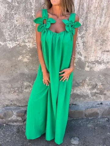 💕 Solid color dress for women with floral strap and U-neckline