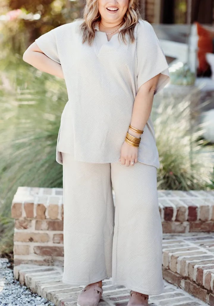 NEW TEXTURED V NECK TOP AND PANTS CASUAL SET (BUY 2 FREE SHIPPING)