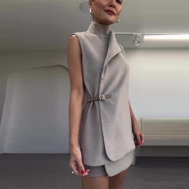 Women's Sleeveless Button-down Stand Collar Suit Set