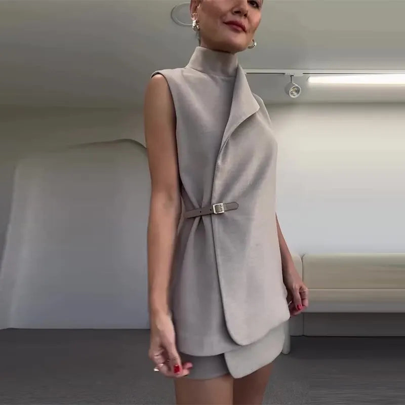 Sleeveless Button-down Stand Collar Suit