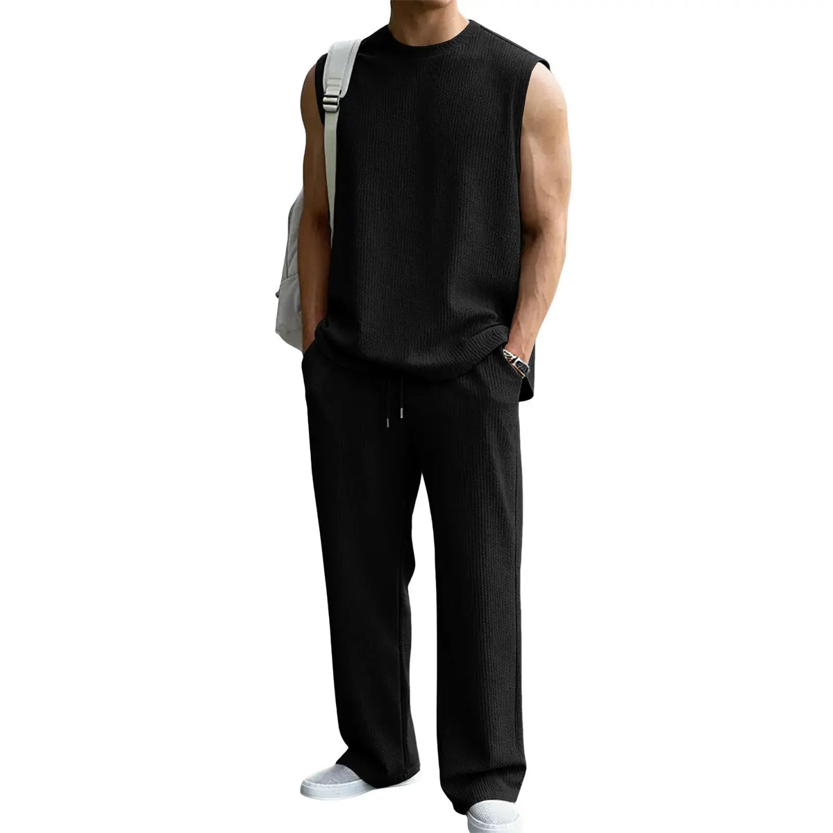 🔥 49% OFF Father’s Day Special ⏰🎁 Men’s Rib Knit 2-Piece Set – Sleeveless Tank & Baggy Wide-Leg Pants