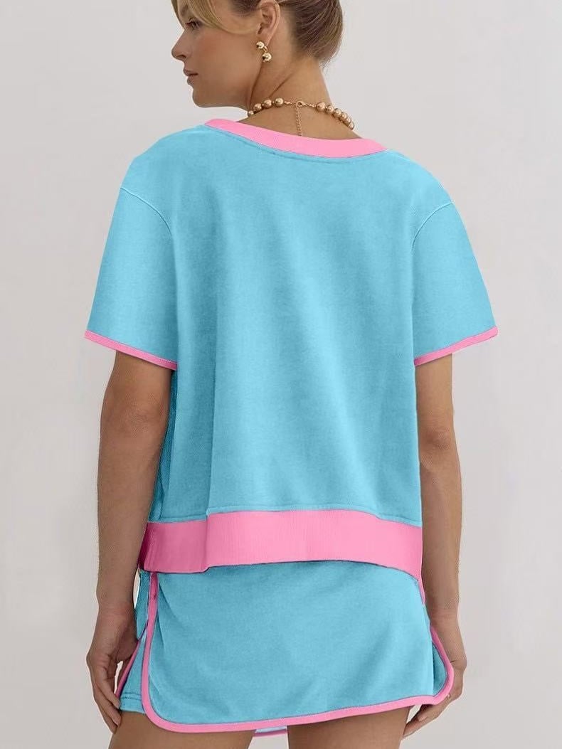 WOMEN'S COLORBLOCK EDGE DROP SHOULDER T-SHIRT SKORT 2PCS SET (BUY 2 FREE SHIPPING)