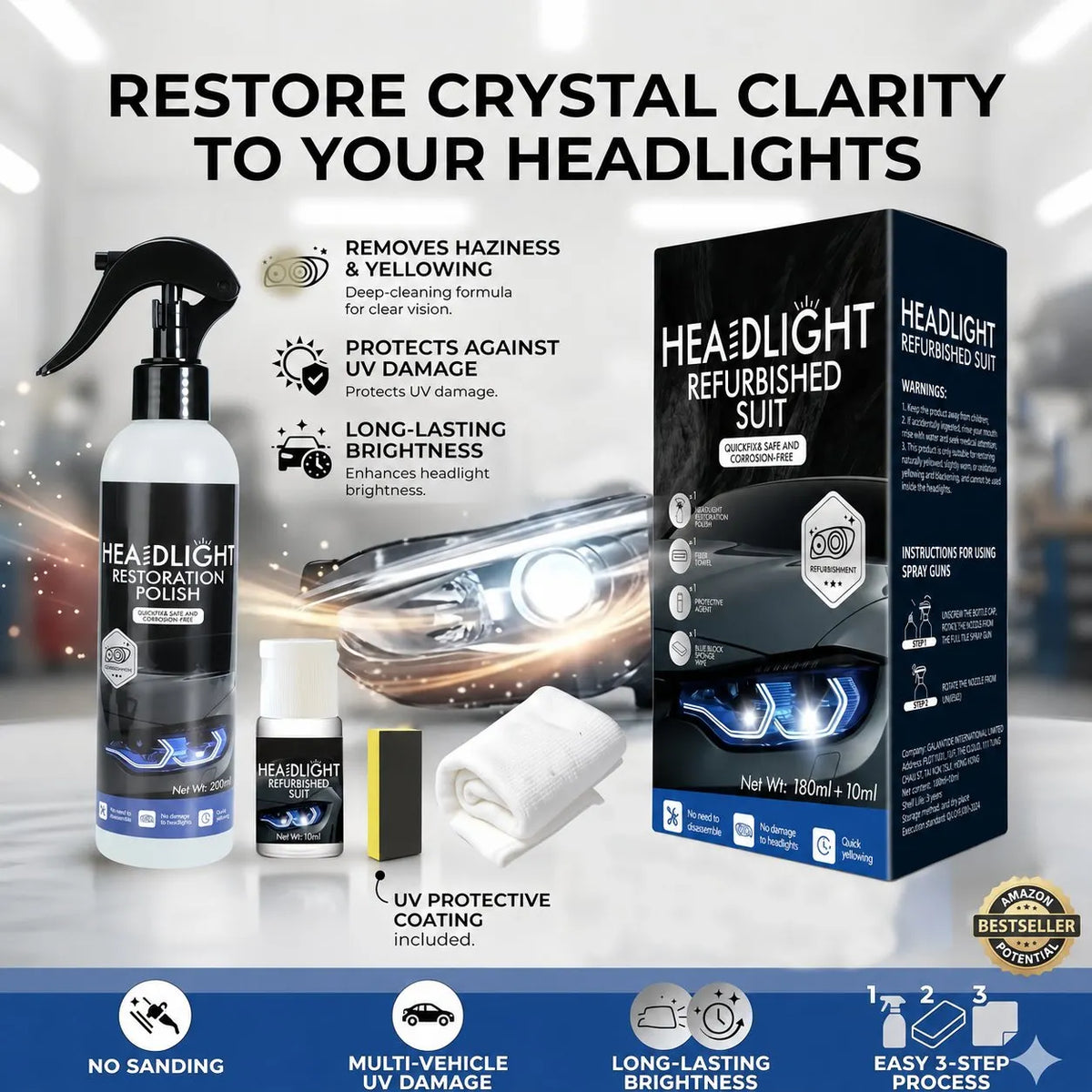 🚘Automotive Headlight Restoration Fluid - Car Detailing Product for Oxidized, Yellowed, Blurred Headlamps with Enhanced Crystalline Coating Refurbishing Function
