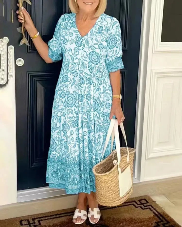 New Large Size V-Neck Floral Dress