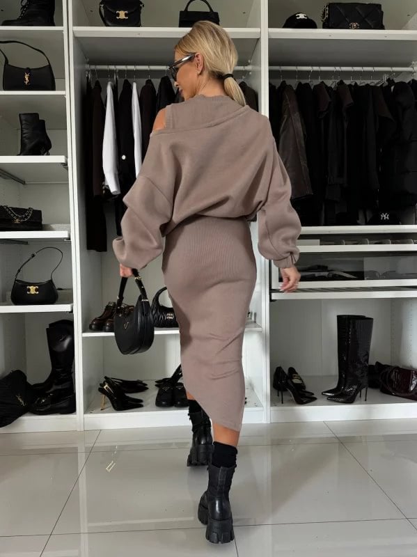 Long-sleeved Off-shoulder Sweatshirt and Vest Skirt Two-piece Set