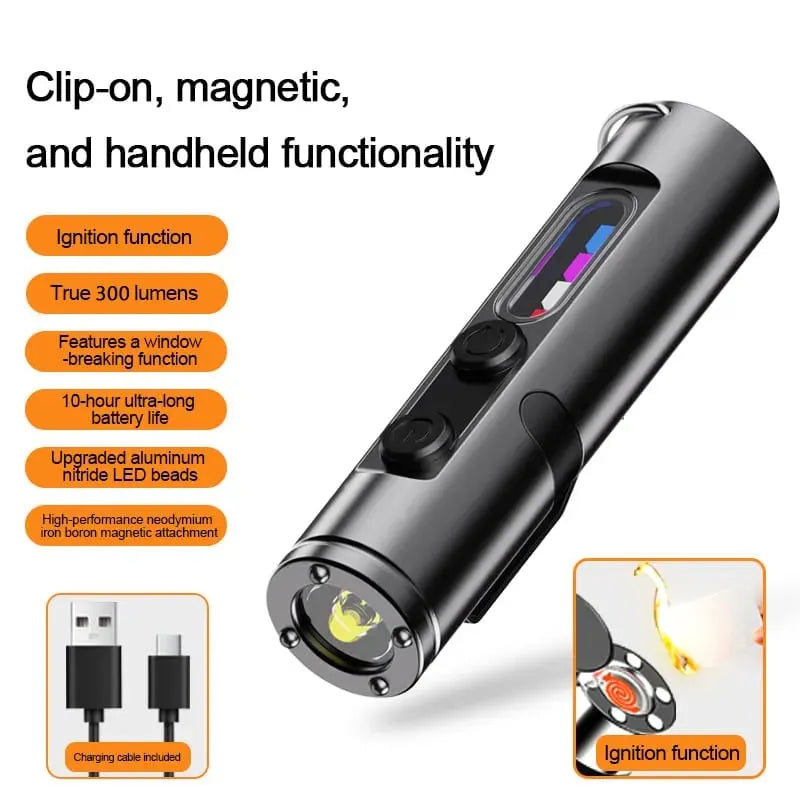 🎉 🔦Pocket Rechargeable EDC Flashlight:  Mini Keychain Light with Fire Starter & Window Breaker