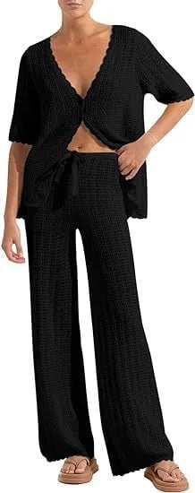 Women's Summer 2-Piece Swimsuit Coverup Crochet Knit Cardigan Tops Long Pants Set Bathing Suit Beach Outfit