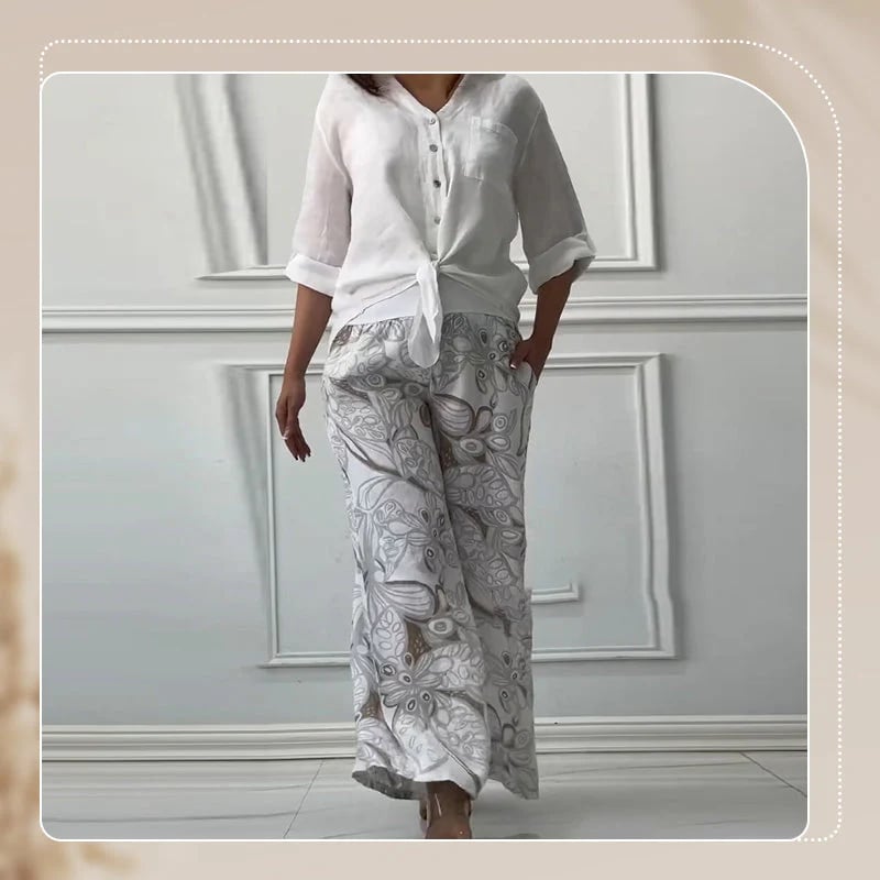 Women's Loose Shirt Cardigan & High-Waisted Pants Two-Piece Set