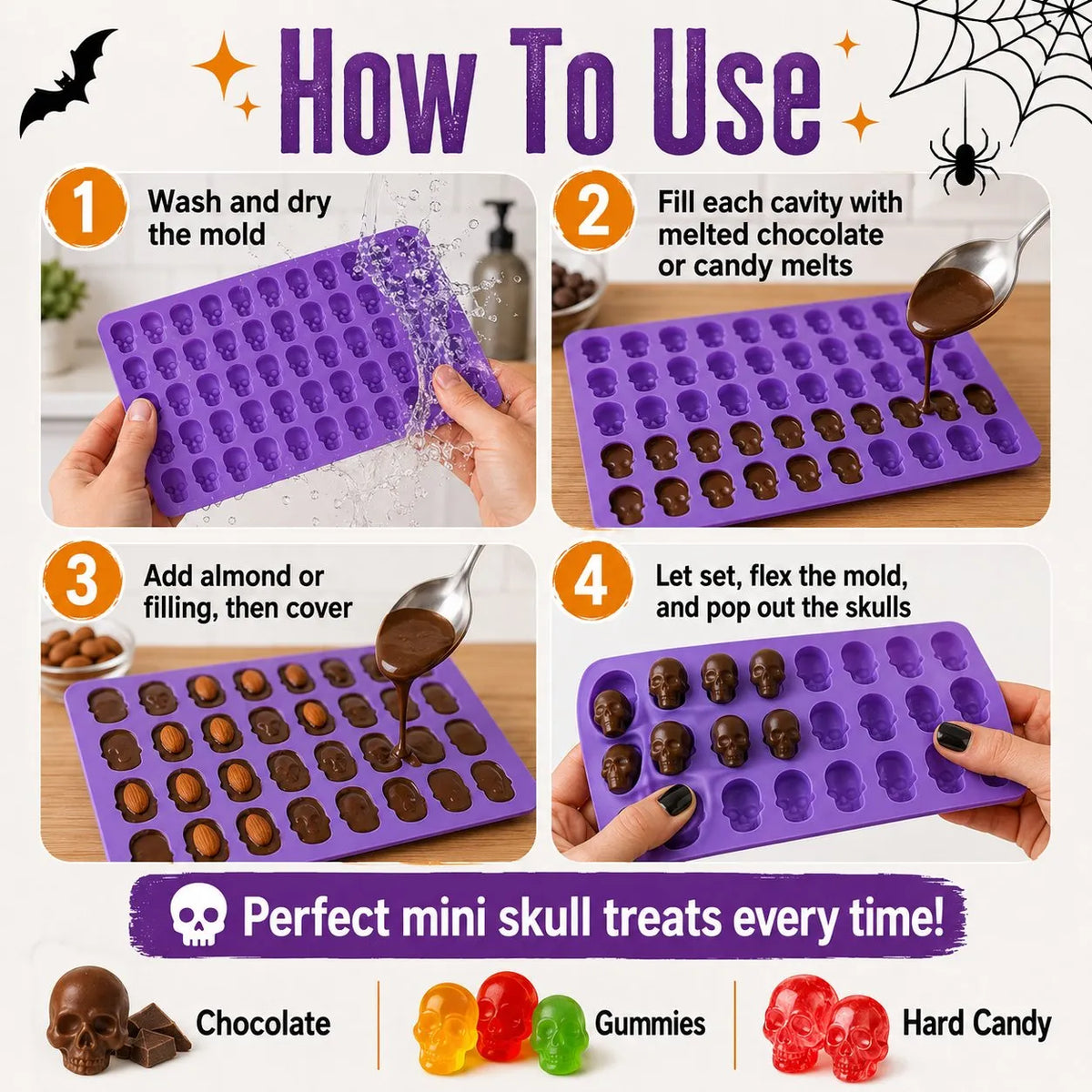 🎉49% OFF – 💀 Reusable 50-Cavity Mini Skull Silicone Candy Mold | Flexible Easy-Release Design for Chocolate, Candy Melts, Filled Treats & Halloween Desserts 🎃✨