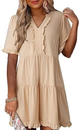 V Neck Short Sleeve Casual A Line Flowy Swing Shift Dress