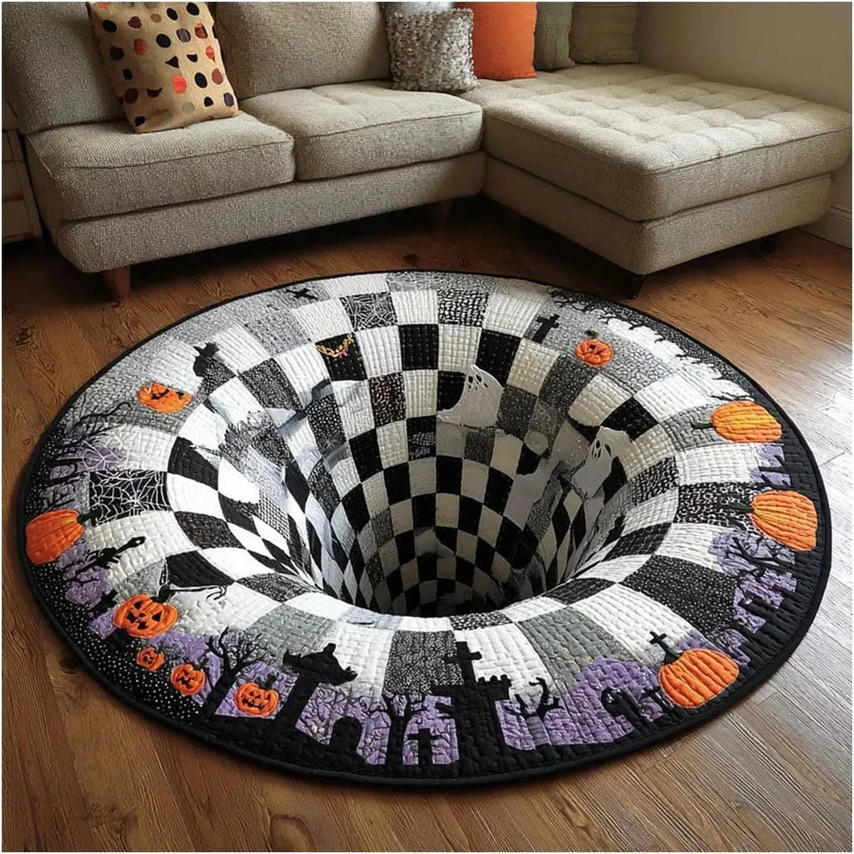 🎉🎃3D Skeleton Vortex Quilted Round Halloween Rug | Spooky Quilted Circular Halloween Floor Decor Mat