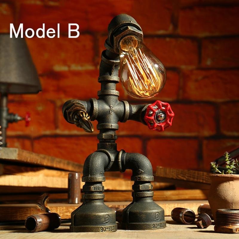 Iron pipe robot table lamp