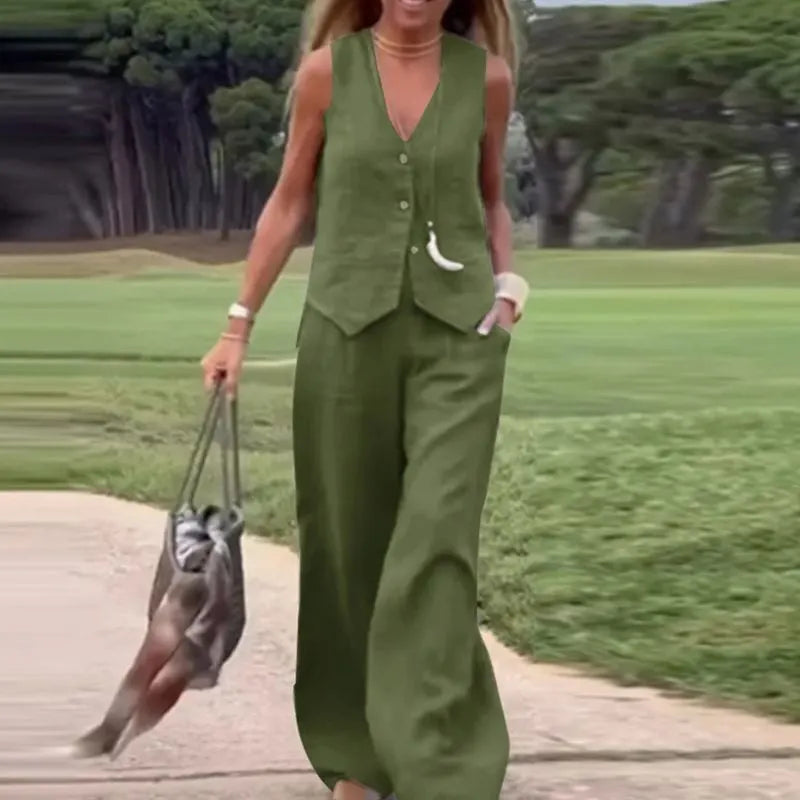 💕Button Down Vest and Wide Leg Pants 2 Piece Set (Buy 2 Sets Free Shipping)