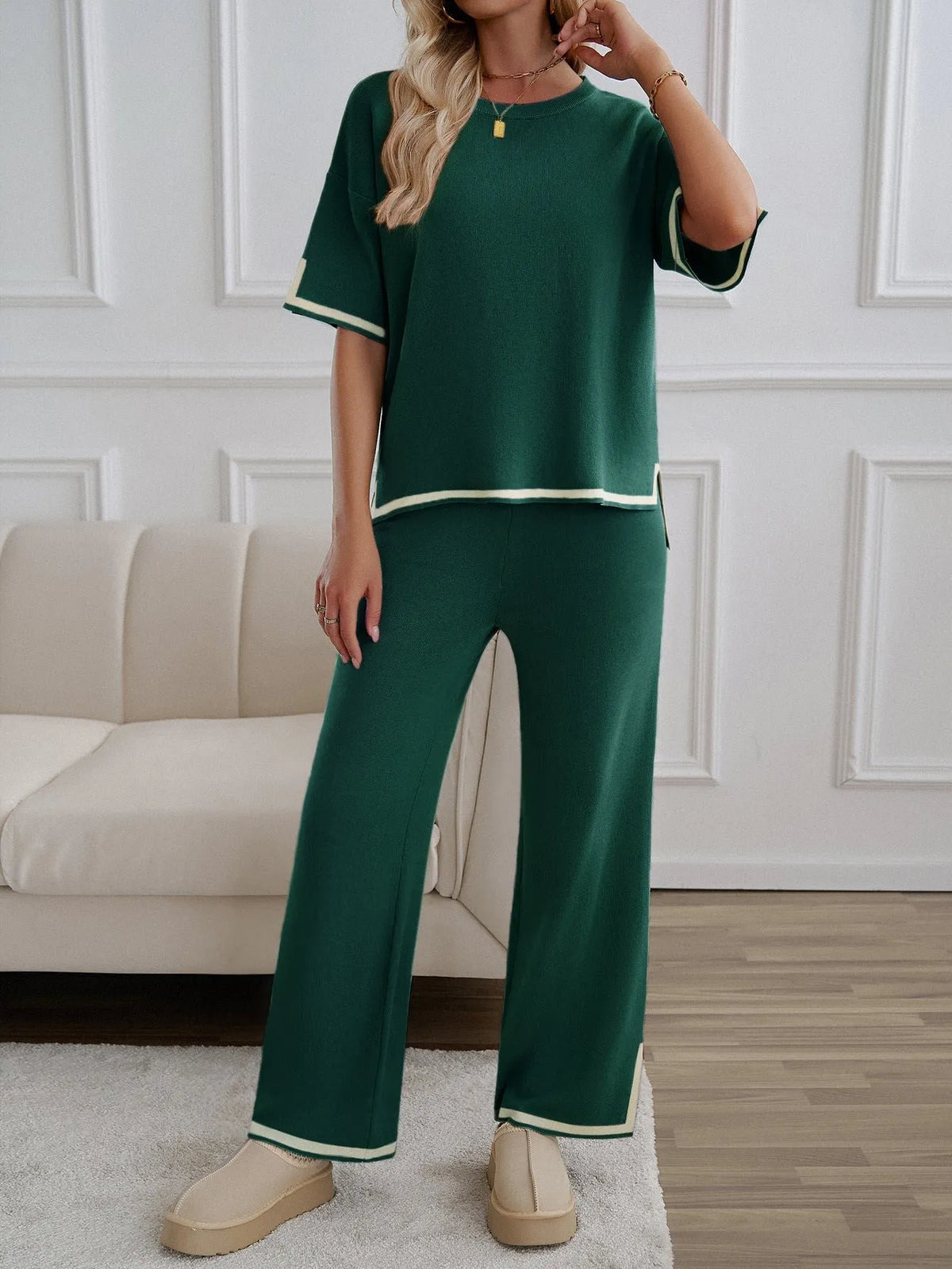 Chic Short Sleeve Knitted Pants Set