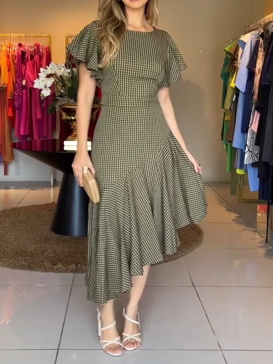 Women’s Round Neck Plaid Irregular Ruffle Dress