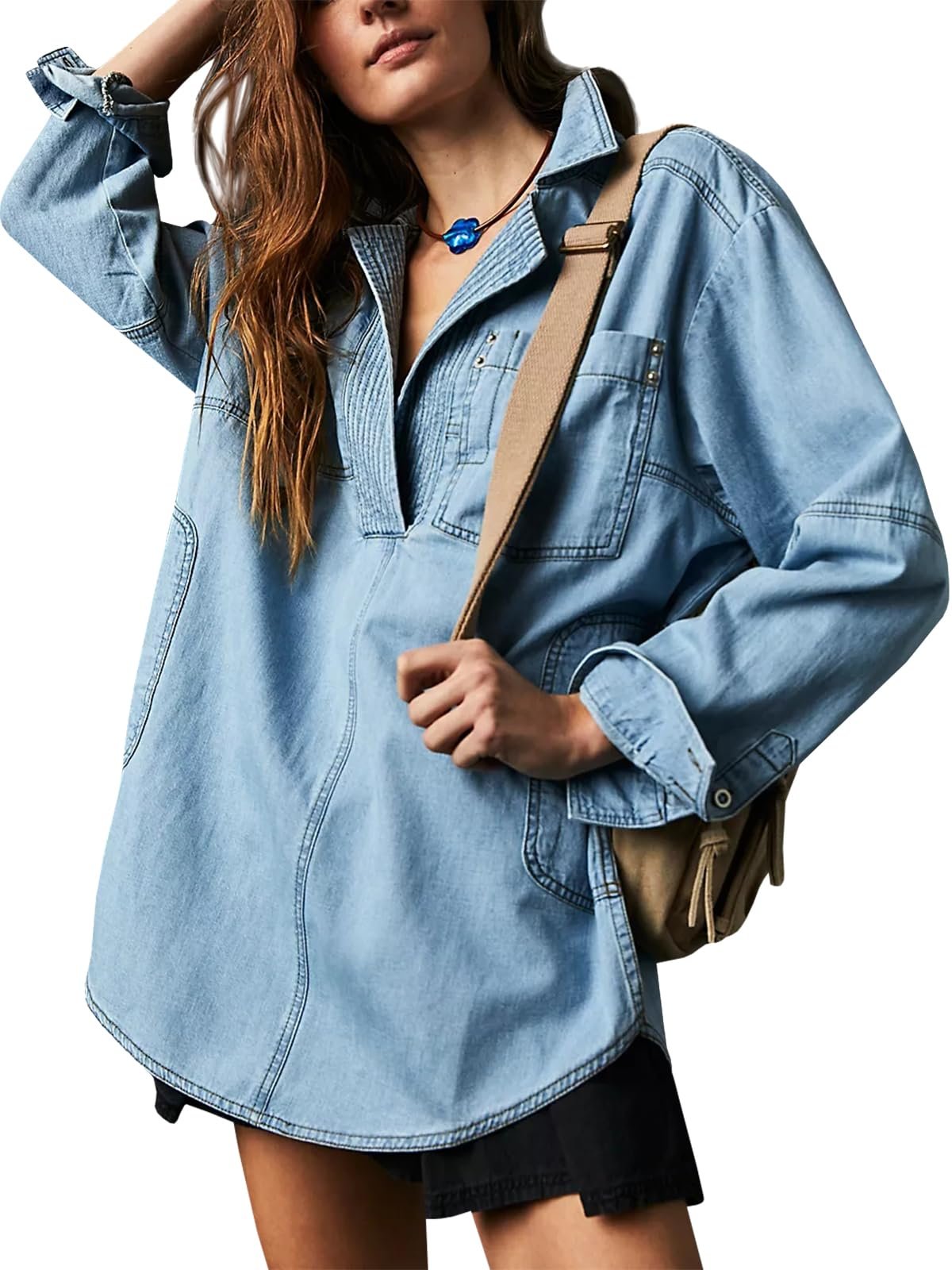 WOMEN'S V-NECK DENIM PULLOVER SHIRT (BUY 2 FREE SHIPPING)