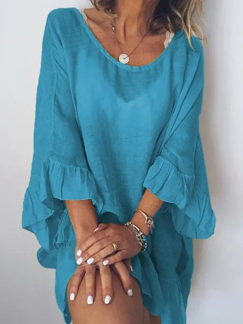 Cotton Linen Solid Color Ruffle Sleeve Loose Blouse