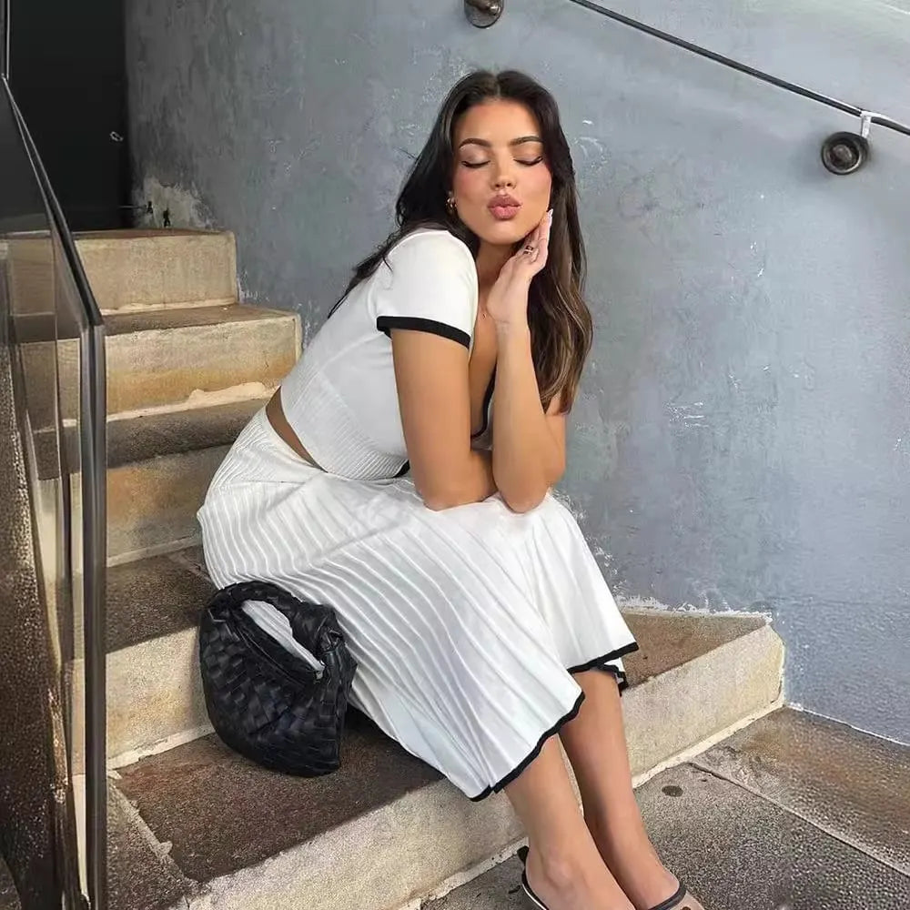 Contrast Button-Up Top + Midi Skirt
