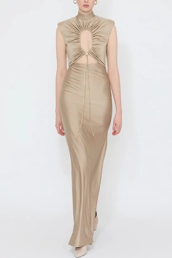 Genis Hollow Elastic Bust High Neck Sleeveless Gathered Maxi Dress