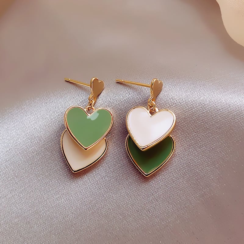 White and Green Heart Drop Earrings