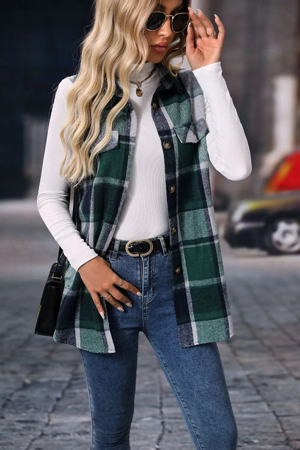 Women's Plaid Print Button Front Vest Coat