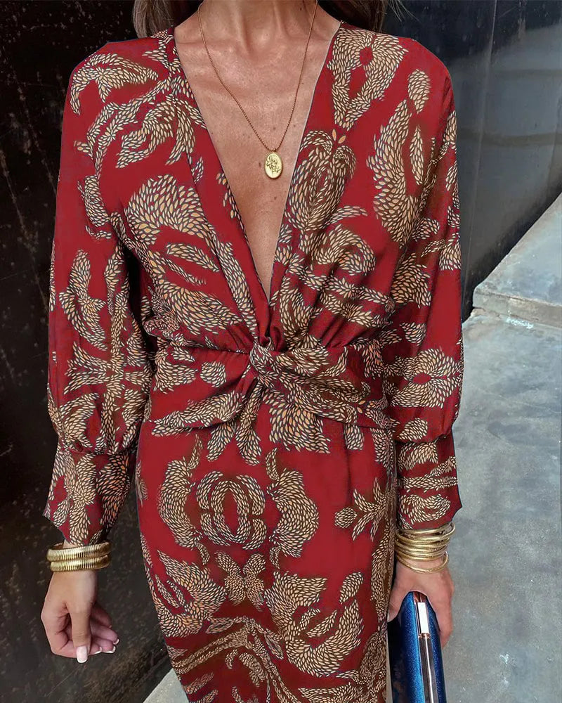 Vintage Long Sleeve Dress with V-Neck
