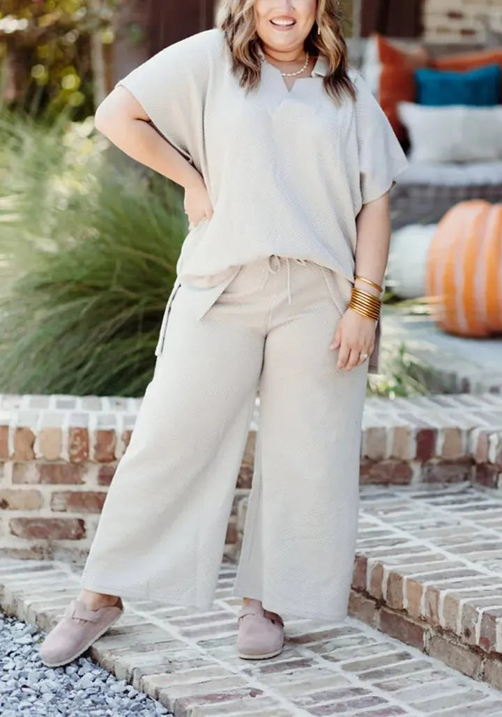 NEW TEXTURED V NECK TOP AND PANTS CASUAL SET (BUY 2 FREE SHIPPING)