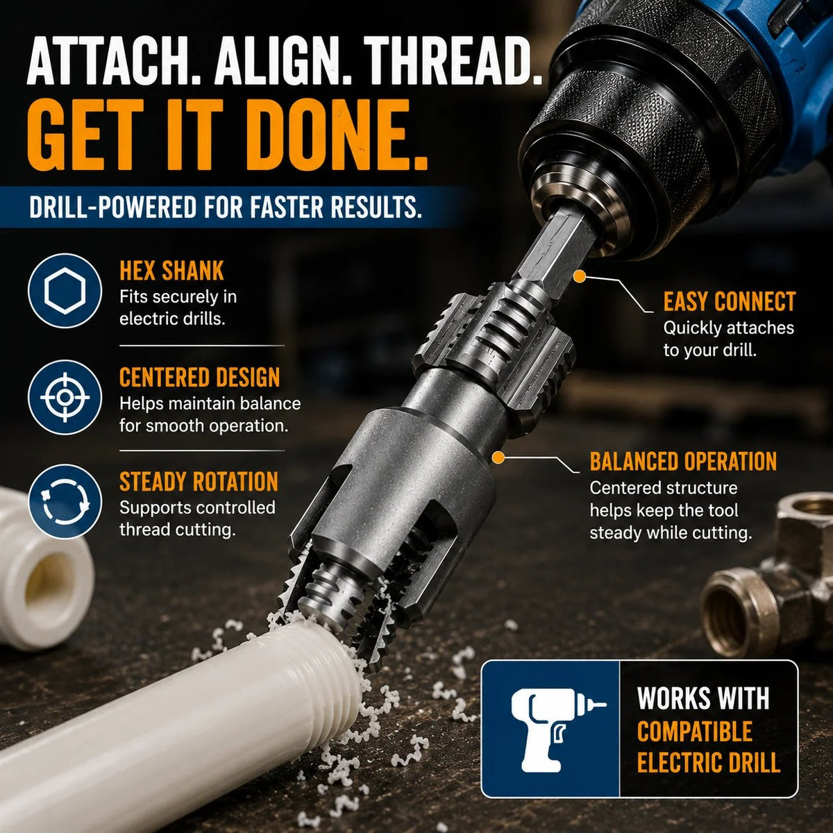 🎉Drill-Powered Pipe Thread Cutting Bit — Internal & External Threading for 1/2" & 3/4" Plastic Pipes