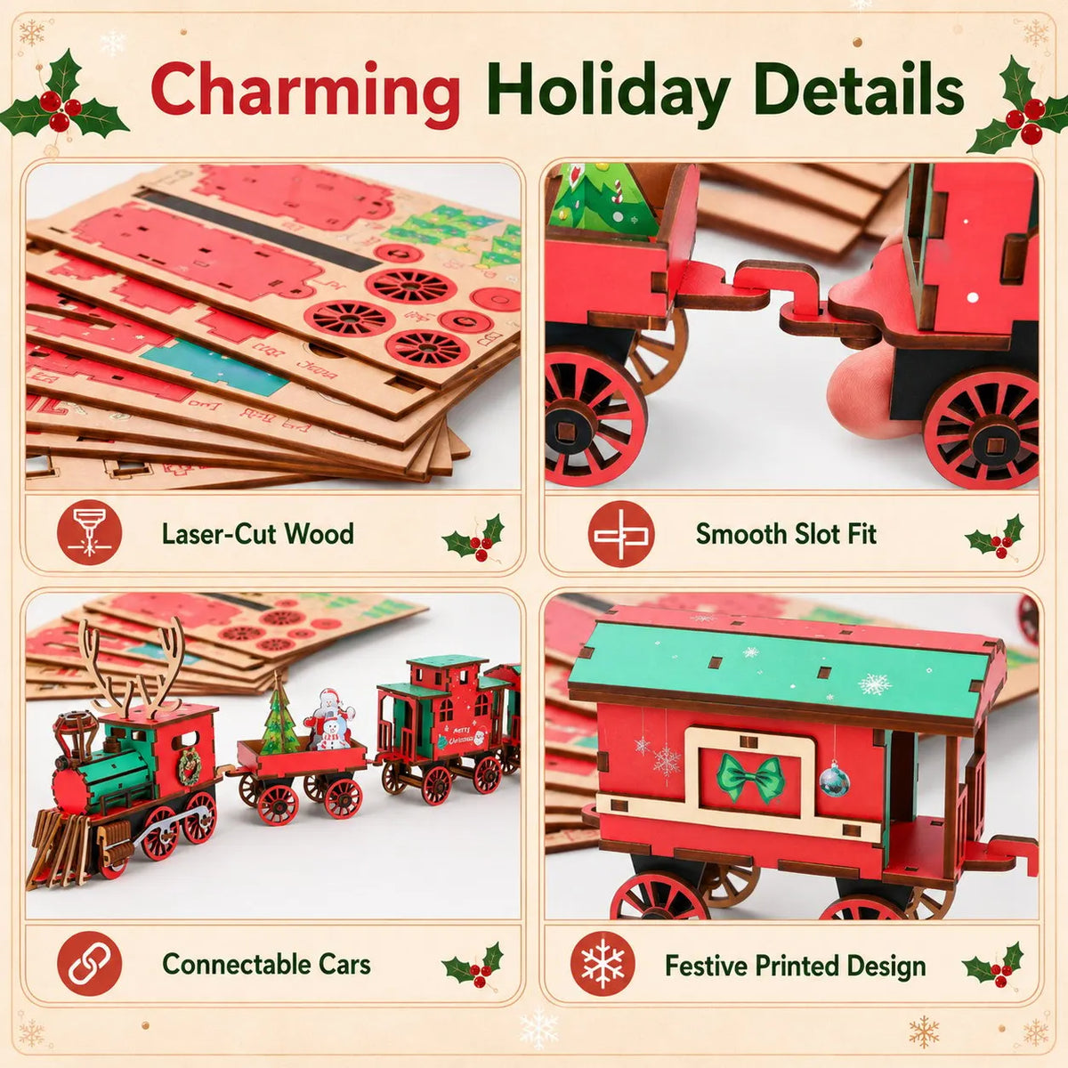 🔥HOT SALE🔥🎄LAST DAY 50% OFF – DIY Christmas Wooden Train Set 3D Assembly Puzzle Kit
