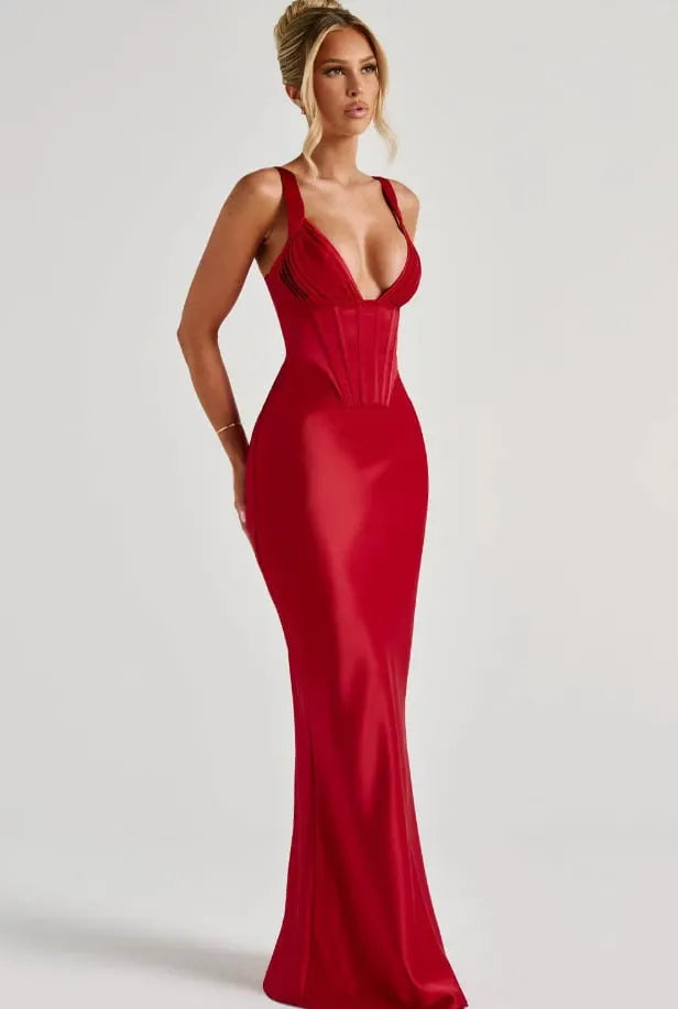 V-Neck Fishbone Satin Slip MAXI Dress