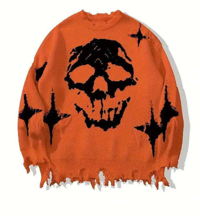 Unisex Skull Print Hip-Hop Distressed Sweater (Buy 2 Free Shipping)