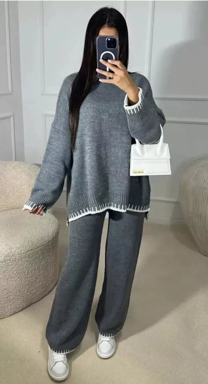 Round Neck Dropped Shoulder Top and Pants Sweater Set