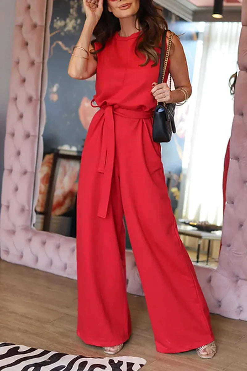 Summer Loose-Fit Sleeveless Jumpsuit with Waist Tie