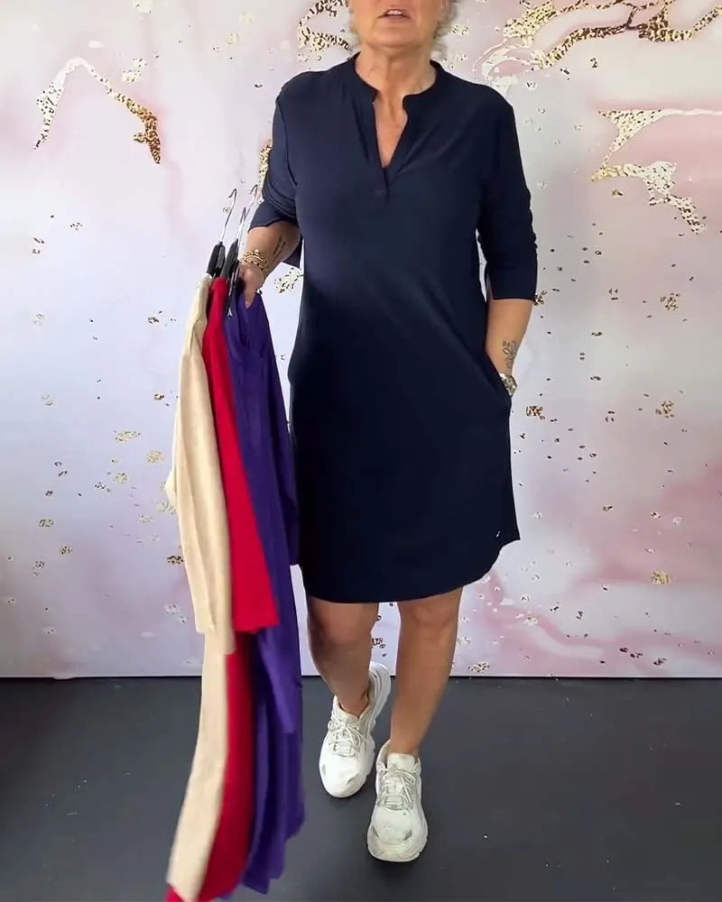 Solid-color V-neck dress - buy 2 free shipping