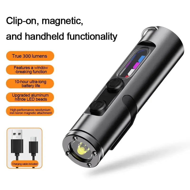 🎉 🔦Pocket Rechargeable EDC Flashlight:  Mini Keychain Light with Fire Starter & Window Breaker