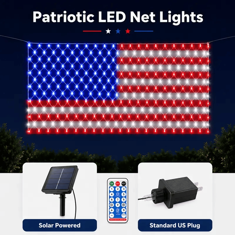 🦅🎉 Waterproof Solar American Flag Net Lights 6.5ft x 3.28ft 🇺🇸 Super Bright 420 LEDs 🔥Buy 2 Sets Free Shipping