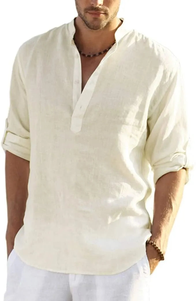 🔥Men's cotton and linen Henley Shirt Long Sleeve Hippie Casual Beach T Shirts