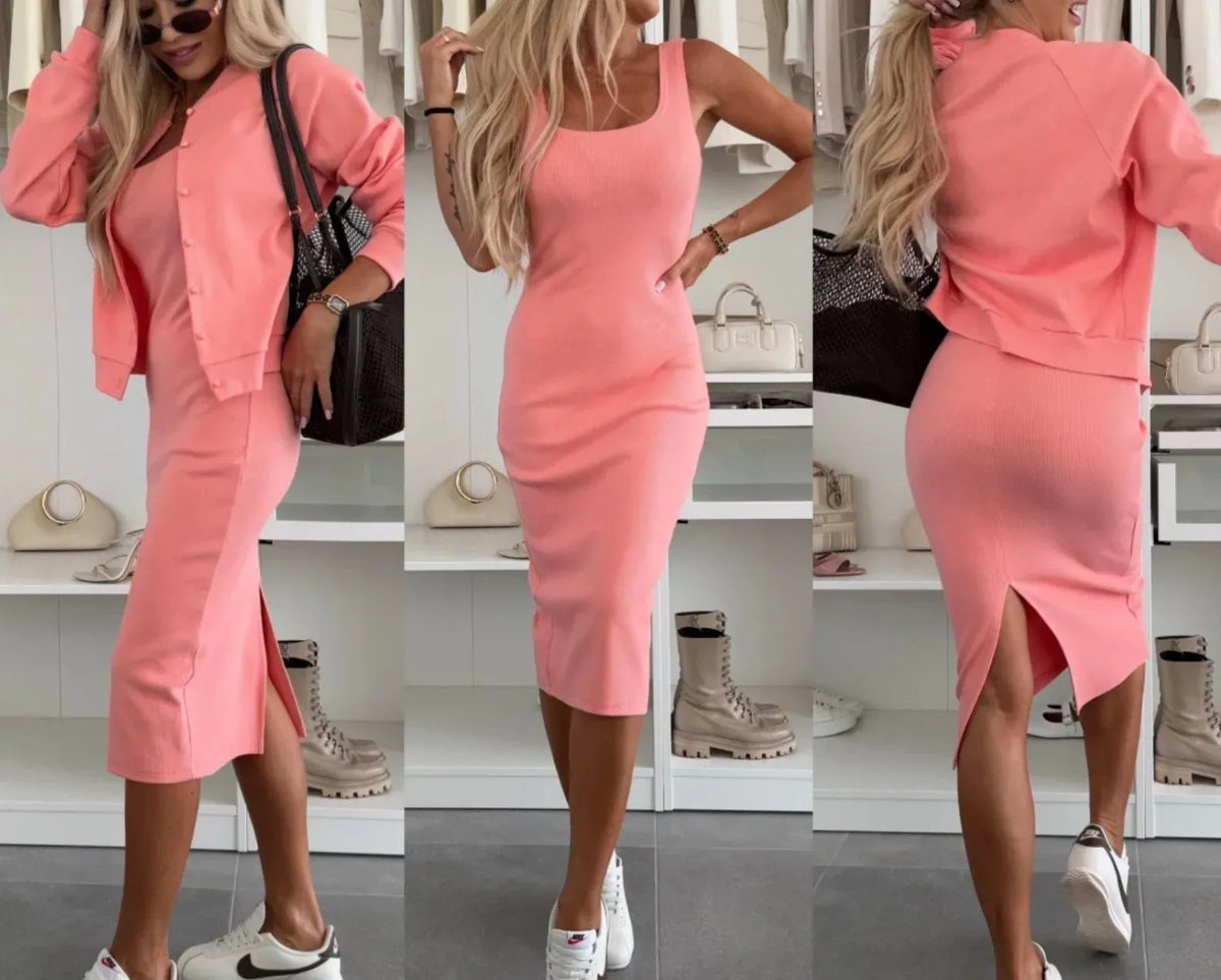 Women's U-neck Dress + Sweater Cardigan Casual Suit