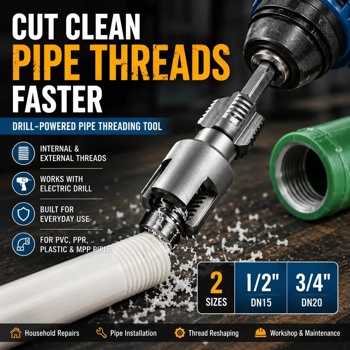 🎉Drill-Powered Pipe Thread Cutting Bit — Internal & External Threading for 1/2" & 3/4" Plastic Pipes