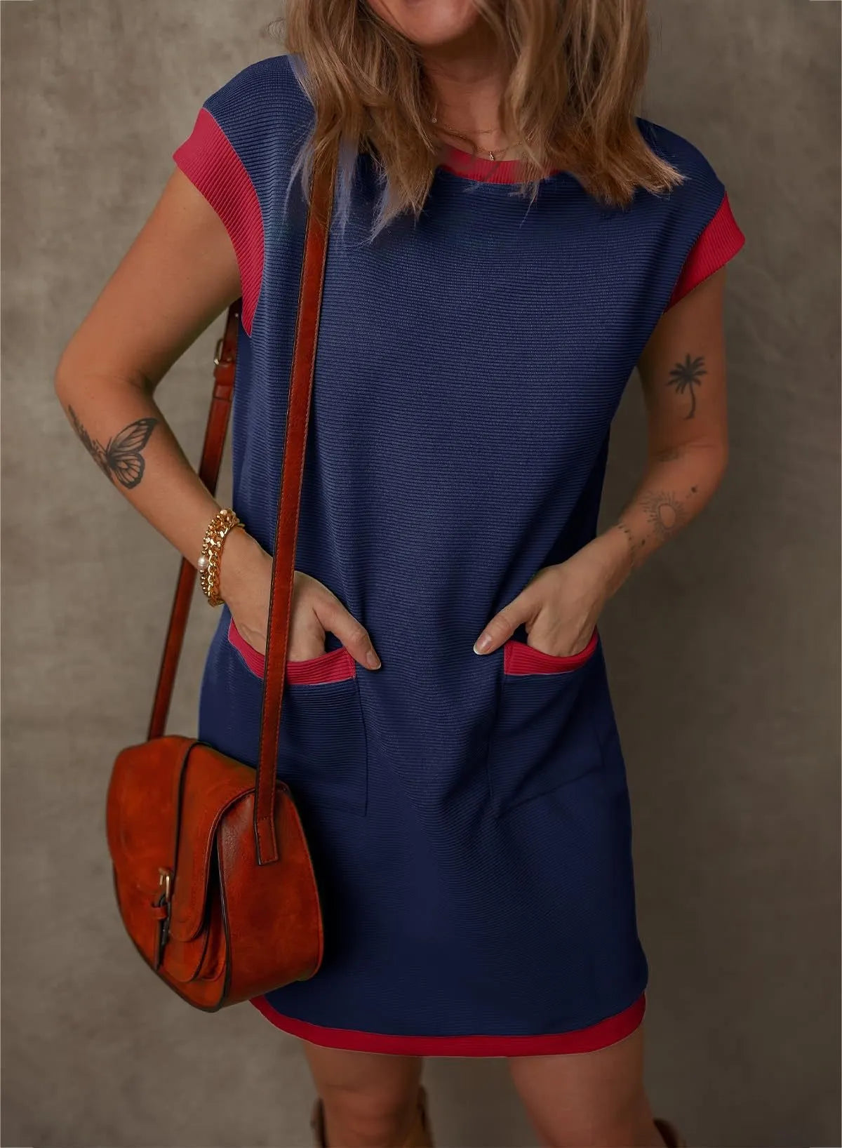 😍 Casual Cap Sleeve Color Block Shift T-shirt Dress with Pockets 💥