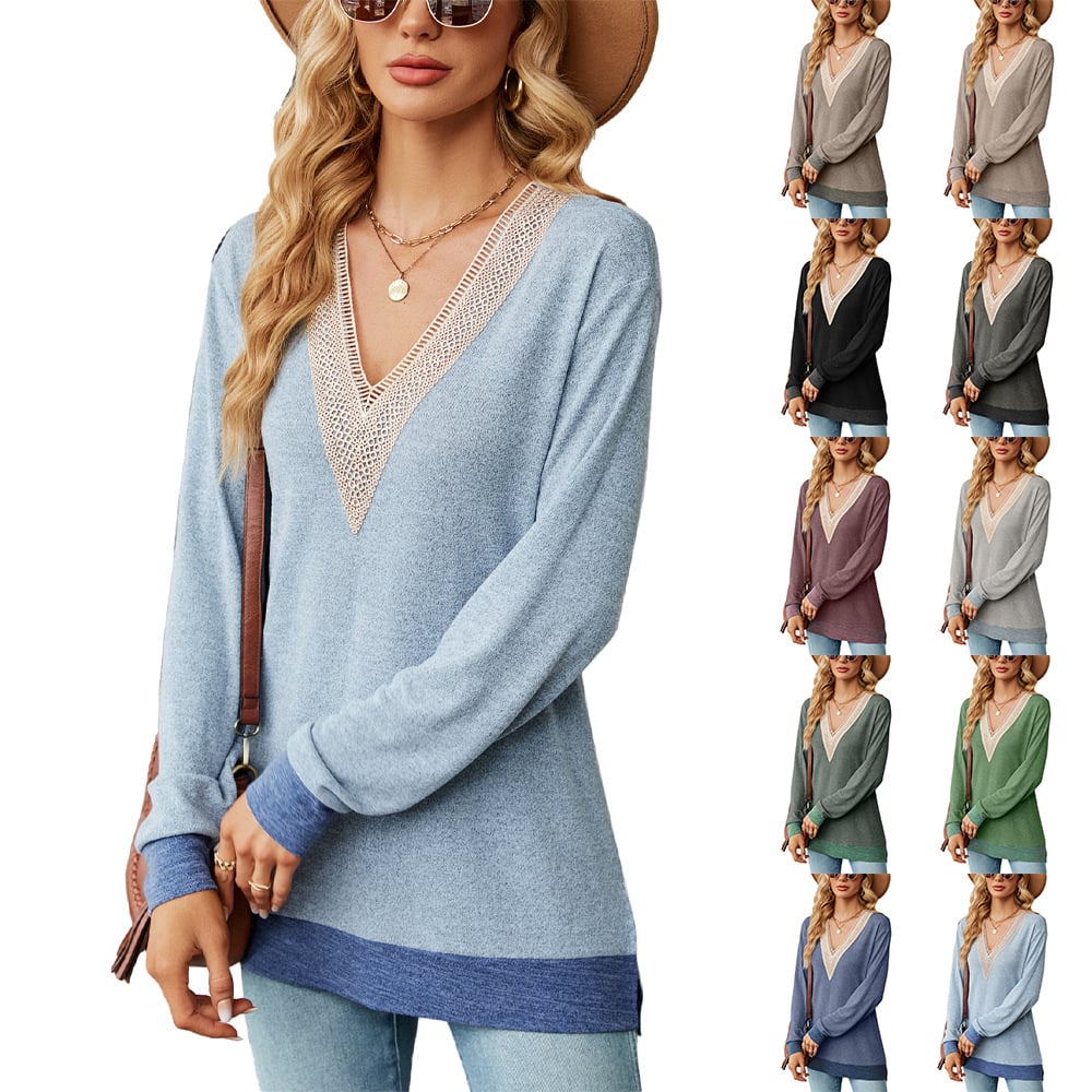 Womens Fall Fashion Long Sleeve Lace V Neck Loose Shirts