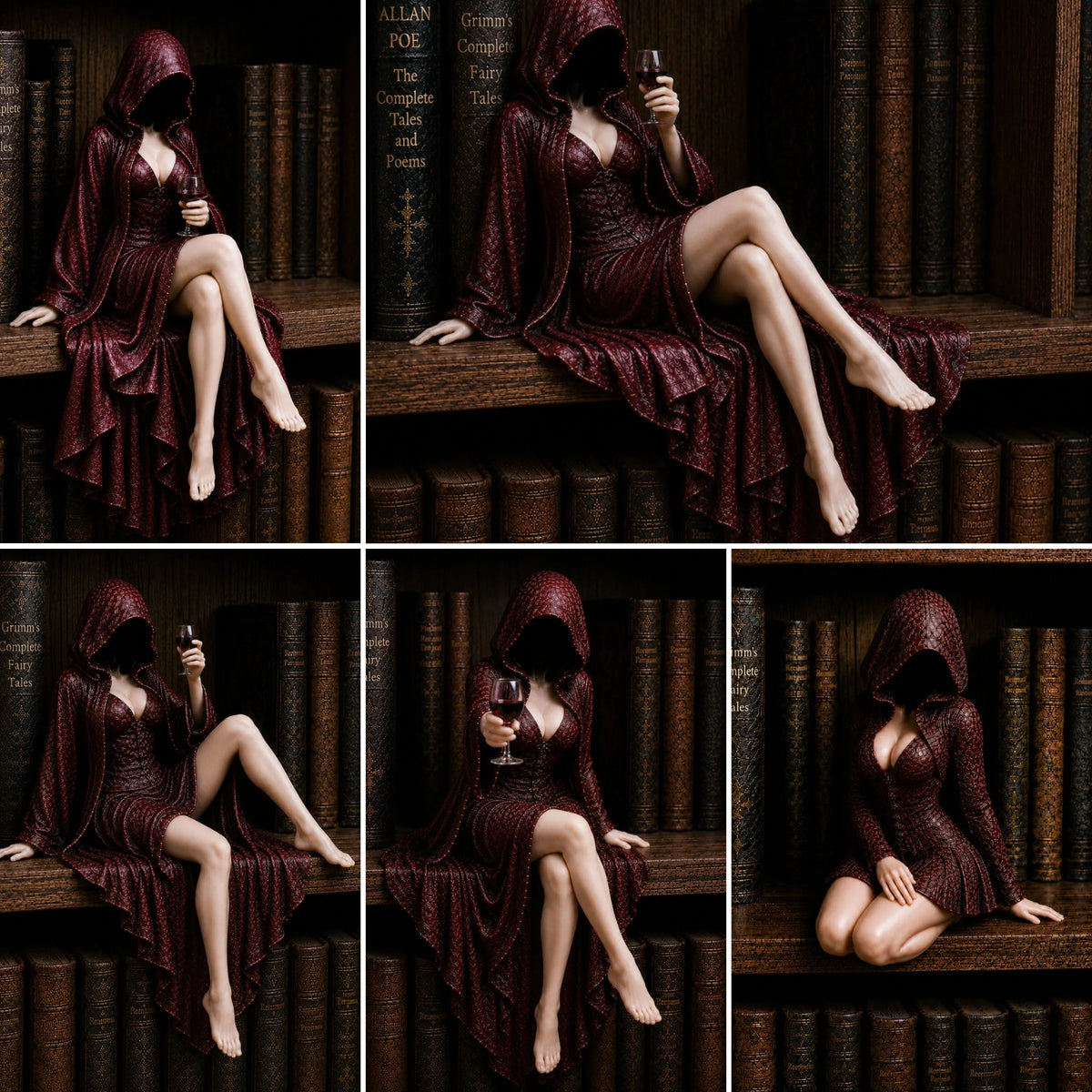 "Midnight Reader" Hooded Wine Muse Bookshelf Statue – Gothic Fantasy Shelf Decor