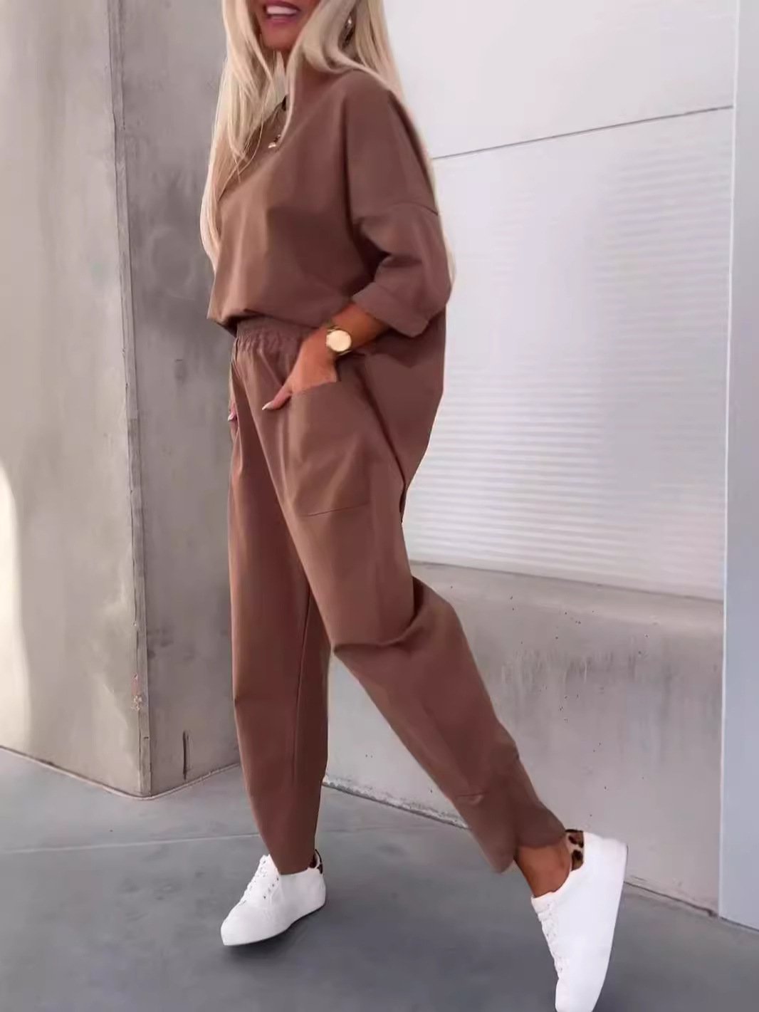 Solid Color Casual Top & Pants with Pockets Set