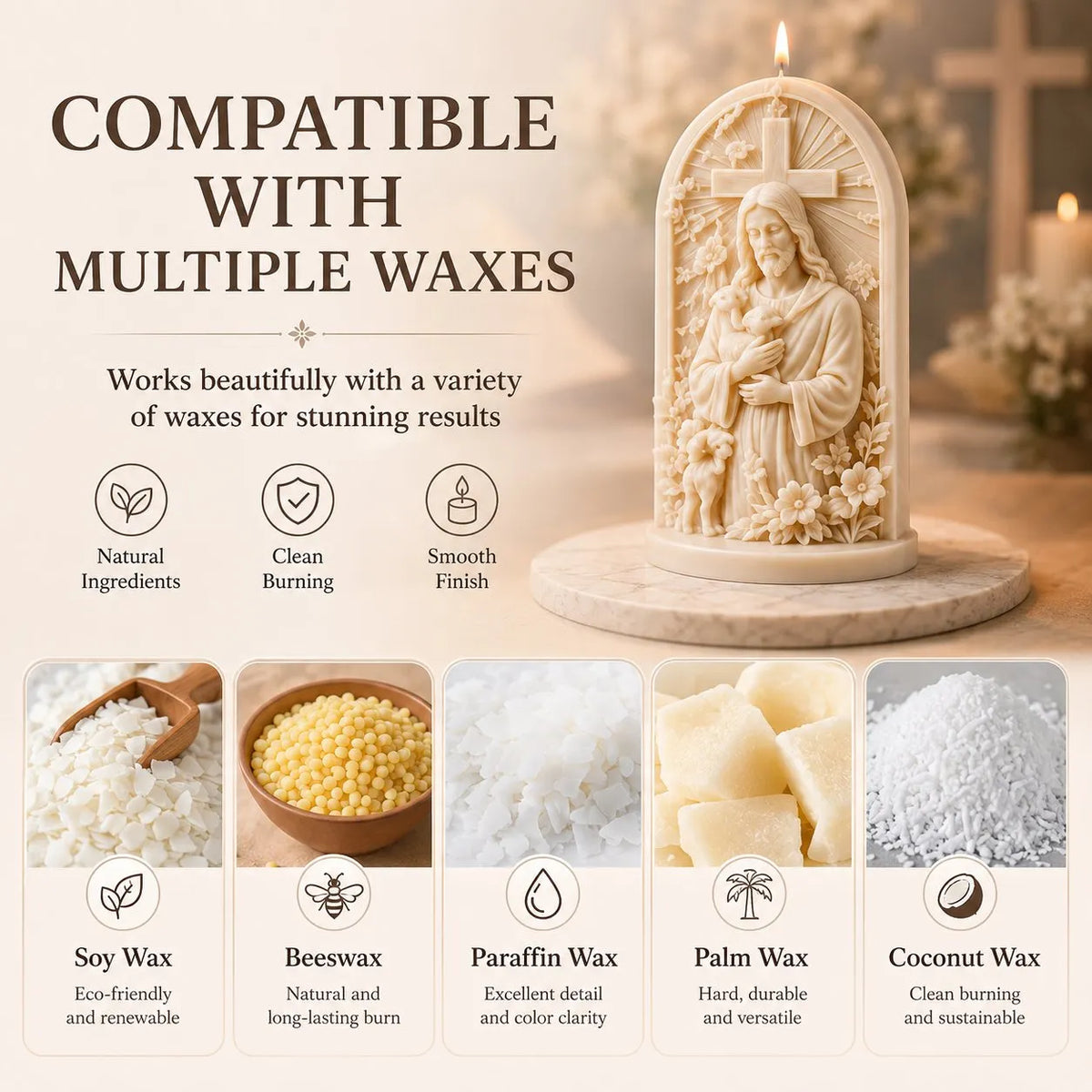 🔥 HOT SALE 🔥⏳ Last Day 49% OFF – ✝️ 2-Piece Good Shepherd Jesus 3D Candle Mold Set | Sculpted Cross, Lamb & Floral Relief for Faith-Inspired Handmade Candles 🕯️✨