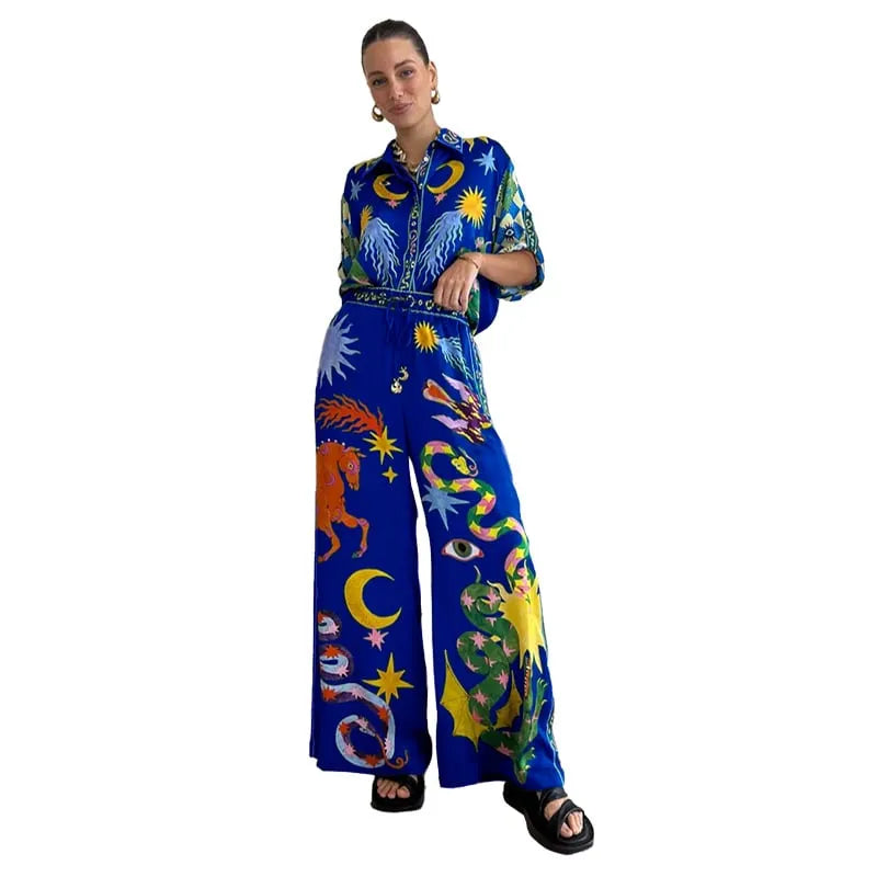 Beachy Chic Unique Print Button Down Oversized Two-Piece Set