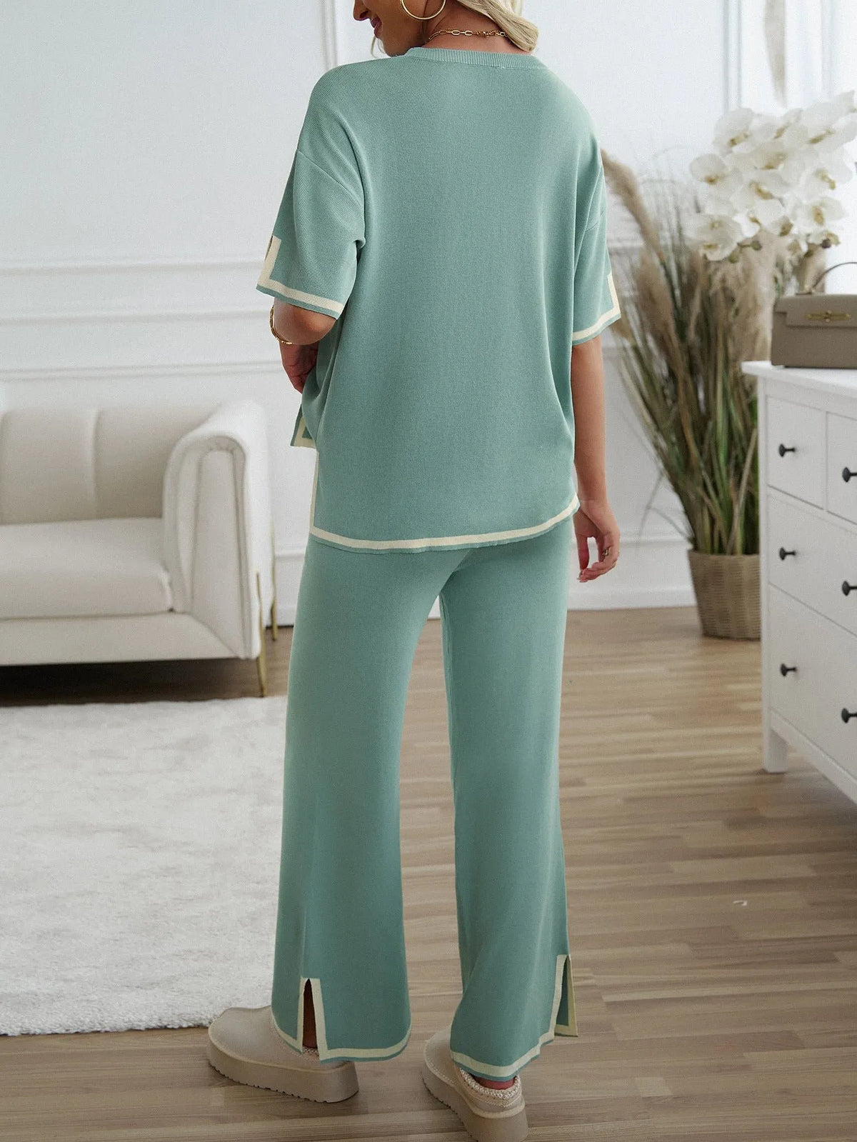 Chic Short Sleeve Knitted Pants Set