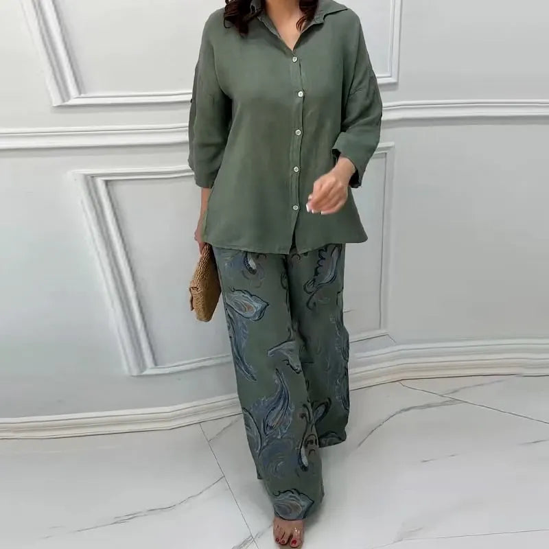 Women's Loose Shirt Cardigan & High-Waisted Pants Two-Piece Set