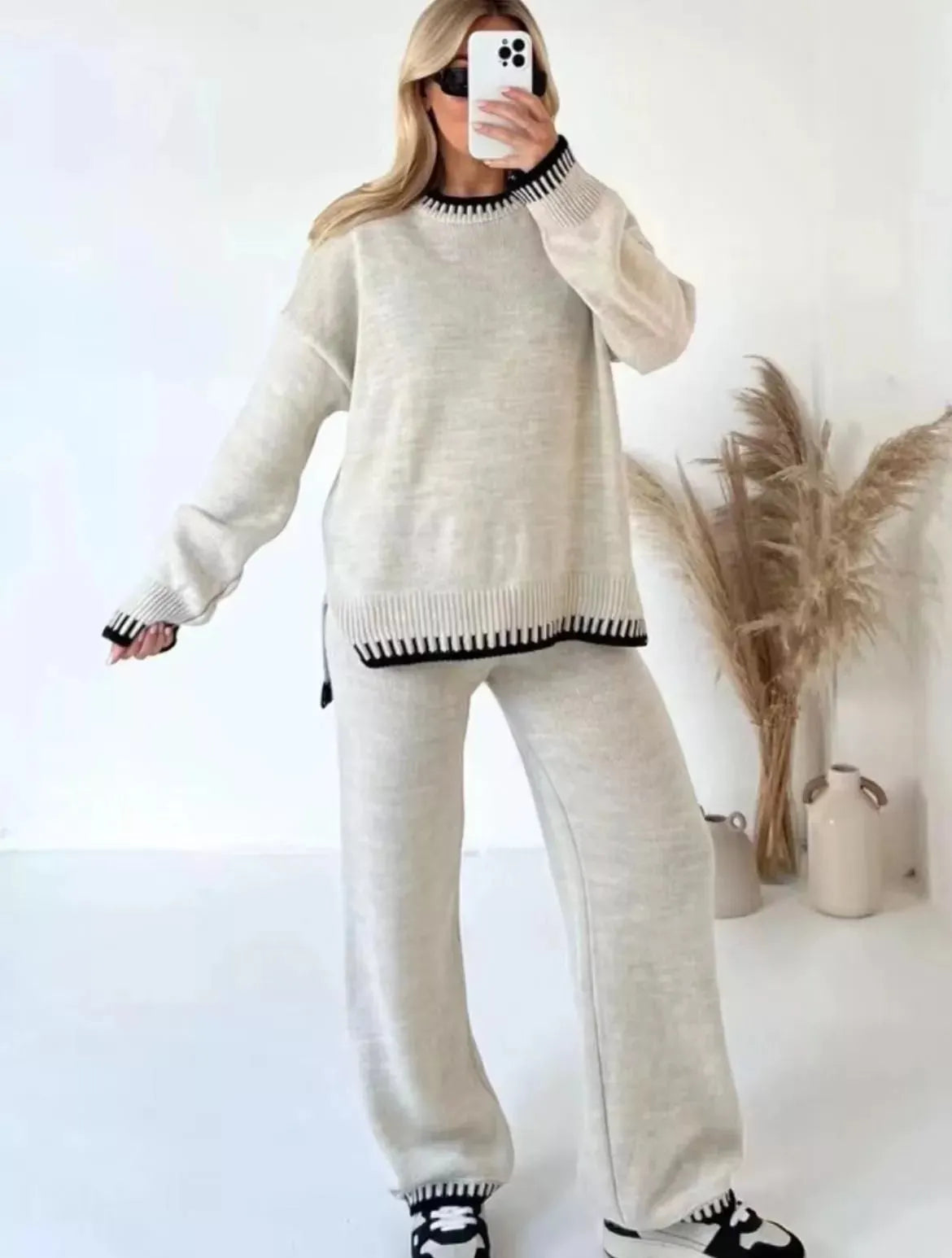 Round Neck Dropped Shoulder Top and Pants Sweater Set
